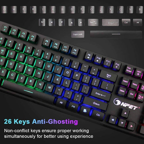 NPET K10 - Teclado para juegos, retroiluminación RGB, diseño resistente a derrames, teclas multimedia, teclado de membrana USB silencioso y silencioso para escritorio, computadora, PC (negro)
