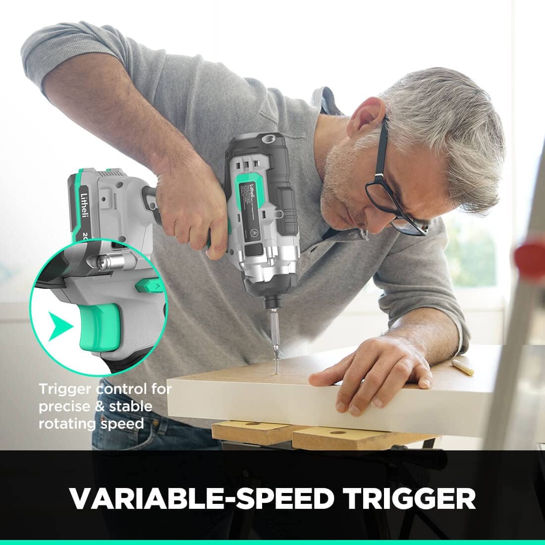 Litheli Controlador de impacto inalámbrico de 20 V, par de torsión de 1150 en libras, portabrocas hexagonales de liberación rápida de 1/4 pulgadas, 3 adaptadores de enchufe, 2 puntas de conductor, con batería de 2.0 Ah y cargador rápido de 1 hora - DIGVICE MX