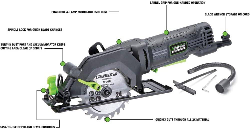 Sierra circular compacta Genesis GCS445SE de 4.0 A y 4-1/2" con hoja con punta de carburo de 24 dientes, guía de corte al hilo, adaptador de vacío y llave para hoja - DIGVICE MX