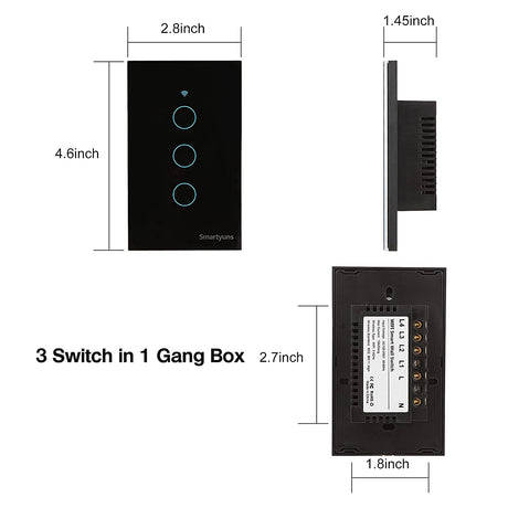 Smartyuns WiFi Interruptor de luz inteligente negro, interruptor de luz táctil con indicador LED, interruptor de pared estándar de EE. UU. Compatible con Alexa, asistente de Google, aplicación "SmartLife" (interruptor de luz de 3 marchas negro) - DIGVICE MX