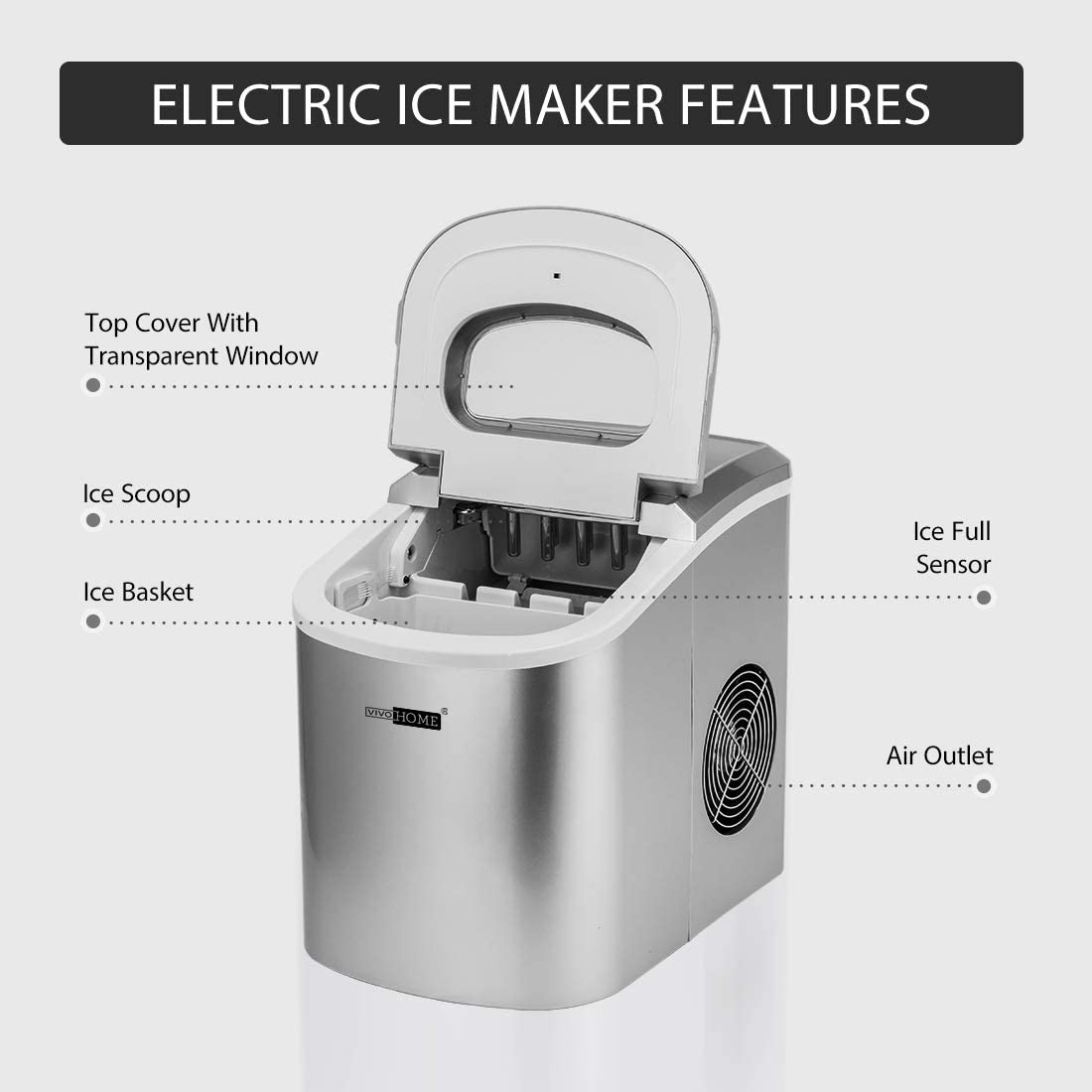 VIVOHOME máquina eléctrica portátil compacta para hacer cubitos de hielo en la encimera con pala manual y función de autolimpieza 26 lb / día plateado - DIGVICE MX