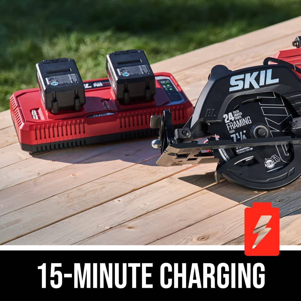 SKIL 2x20V PWR CORE 20 XP Kit de sierra circular con mango trasero sin escobillas de 7-1/4" Incluye dos baterías de 5.0Ah y cargador de dos puertos Auto PWR JUMP-CR5429B-20, rojo - DIGVICE MX