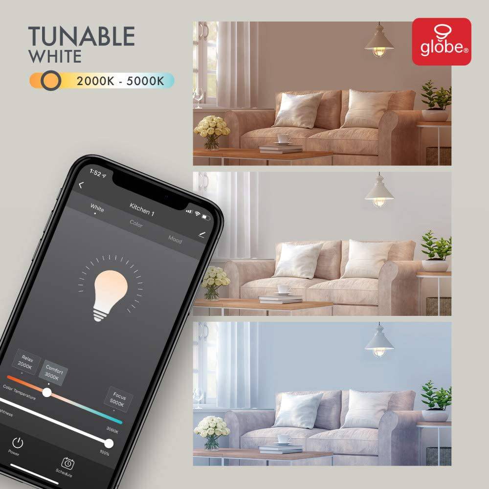 Globe Electric 34207 Wi-Fi Smart 10 W (equivalente a 60 W) multicolor cambiante RGB Tunable White Frosted LED foco de luz paquete de 2, no requiere concentrador, activado por voz, 2000 K - 5000 K, forma A19, base E26 - DIGVICE MX