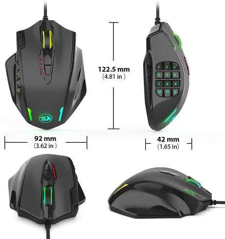 Ratón Redragon M908 Impact RGB LED MMO con botones laterales Ratón óptico para juegos con cable con 12 400 DPI, alta precisión, 20 botones de ratón programables