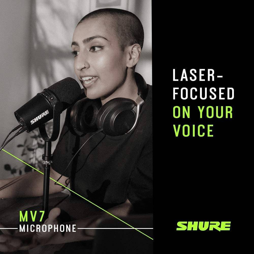Shure MV7 Micrófono USB para podcasting, grabación, transmisión en vivo y juegos, salida de auriculares integrada, micrófono dinámico USB/XLR totalmente metálico, tecnología de aislamiento de voz, certificación TeamSpeak y Zoom, negro