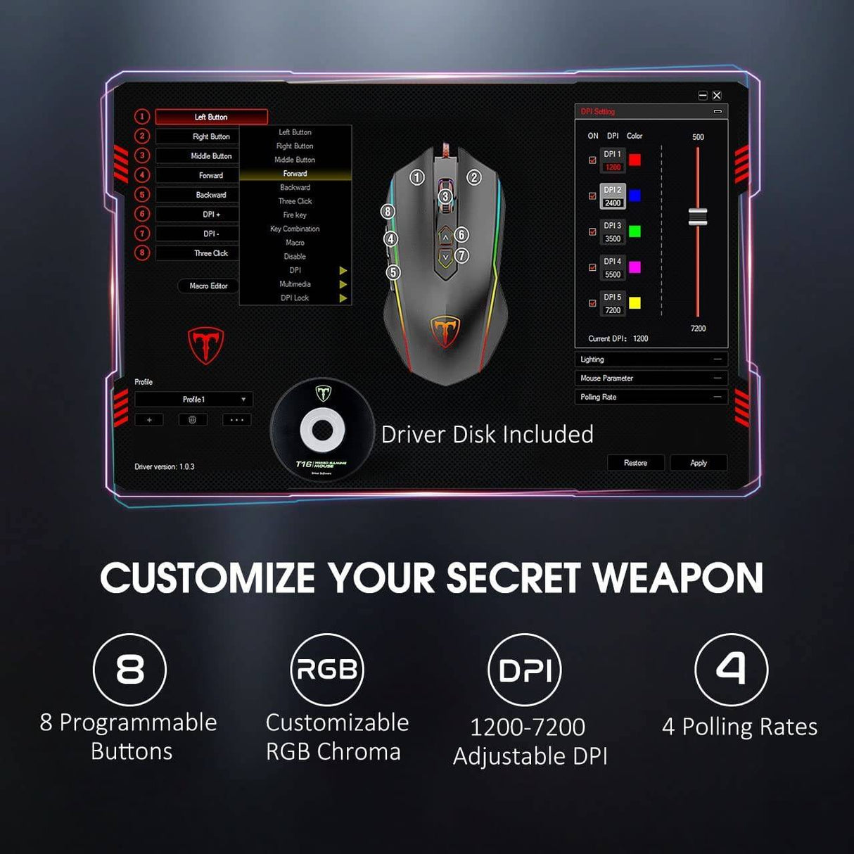 Lizsword Gaming Mouse con cable, computadora PC Gaming Mouse [RGB LED] [Rapid Fire], sensor de juego avanzado de 5 niveles 7200 DPI, ergonómico, 8 botones programables, Plug & Play USB Windows Mac Laptop Gamer, negro