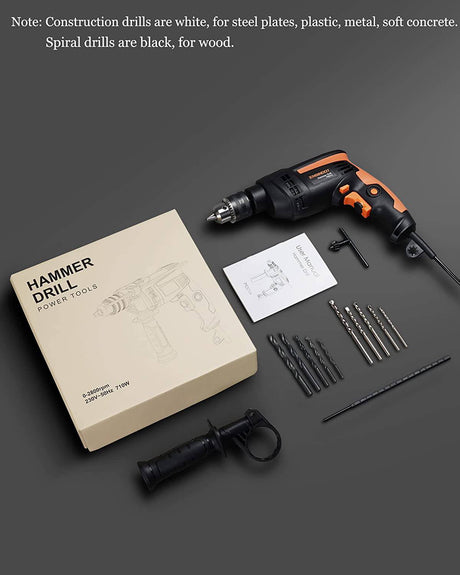 ENGiNDOT Taladro de martillo, taladro eléctrico de 1/2 pulgada y 6 amperios con cable con 2800 RPM, velocidad variable, portabrocas de taladro, 10 brocas para mejoras del hogar, hormigón, acero, madera (no para hormigón reforzado) - DIGVICE MX