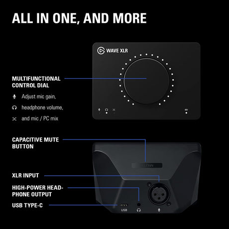 Elgato Wave XLR - Mezclador de audio y preamplificador de 75 db para micrófono XLR a USB-C, interfaz de control con alimentación fantasma de 48 V, Tap-to-Mute, software de mezcla digital para transmisión, grabación, podcasting
