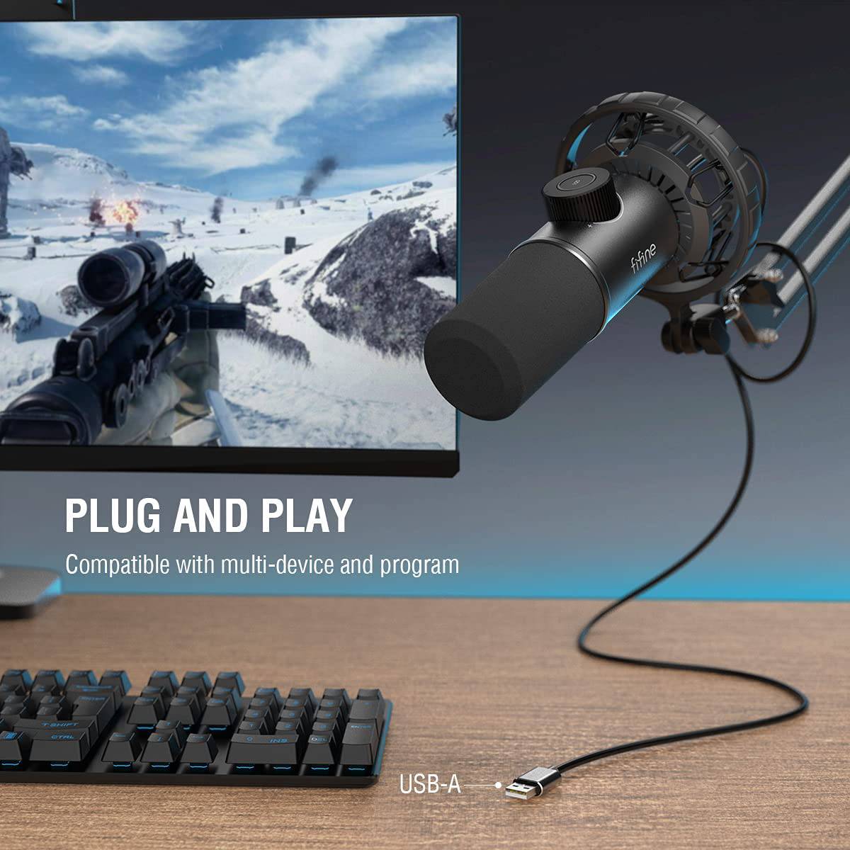 FIFINE RGB Micrófono USB para juegos, dinámico para PC, con botón Tap-to-Mute, micrófono cardioide Plug & Play con conector para auriculares para transmisión, podcast, Twitch, YouTube, Discord- K658