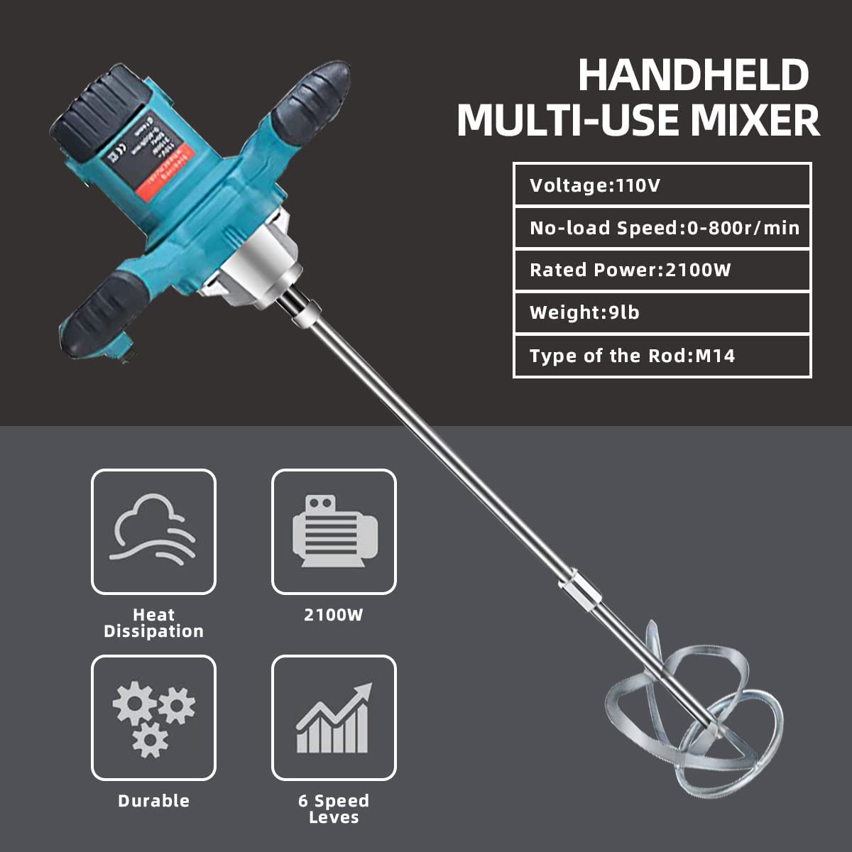Mezclador de hormigón Maxgeen, mezclador de lodo eléctrico portátil de 2100 W para mezclar mortero, mezclador de pintura ajustable de 6 velocidades, mezclador de cemento de mano con guantes - DIGVICE MX