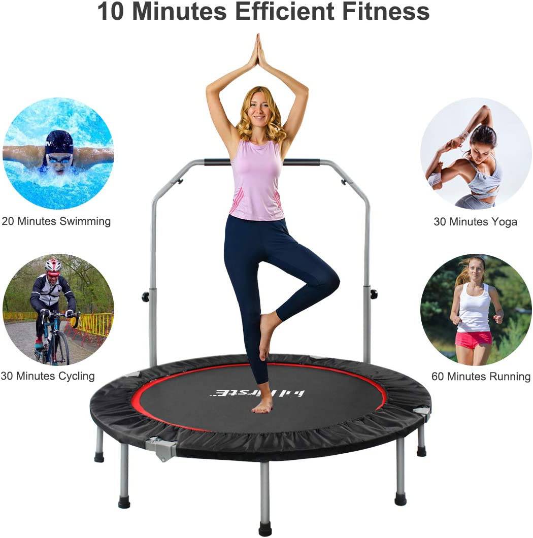 FirstE  - Trampolines de fitness plegables de 48 pulgadas con pasamanos de espuma de altura ajustable de 4 niveles, trampolín de salto para niños y adultos en interiores y exteriores, carga máxima de 440 libras