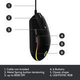Logitech G203 - Ratón para juegos con cable, 8,000 DPI, efecto óptico arcoíris LIGHTSYNC RGB, 6 botones programables, memoria integrada, mapeo de pantalla, compatible con computadoras PC/Mac y portátiles - Negro