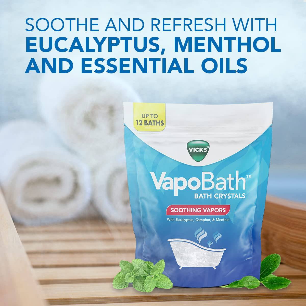 Vicks VapoBath, cristales de baño, bomba de baño, sales de baño no medicinales, aromaterapia de vapor calmante Vicks Vapors con eucalipto y mentol, contiene aceites esenciales, 36 oz