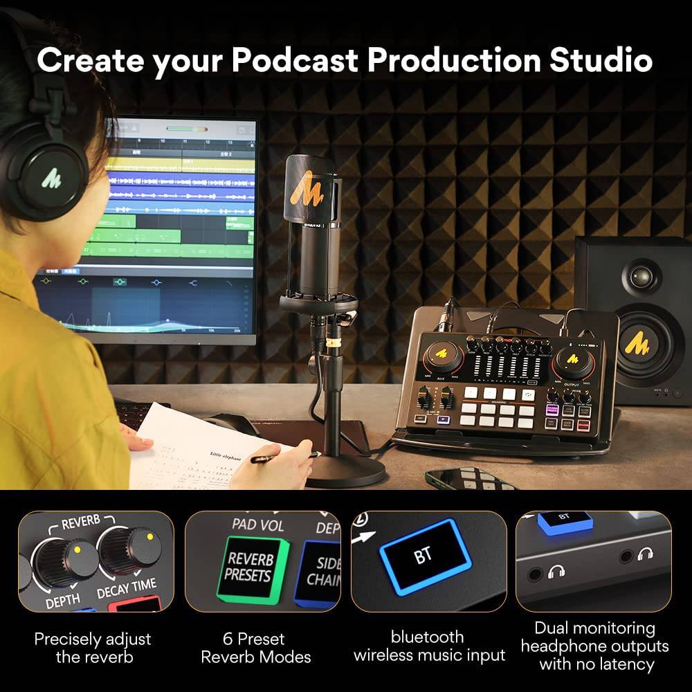 MAONO - Paquete de equipo de podcast-Interfaz de audio-Micrófono de condensador MaonoCaster-Estudio de producción de podcast todo en uno para grabación, transmisión (AME2A)