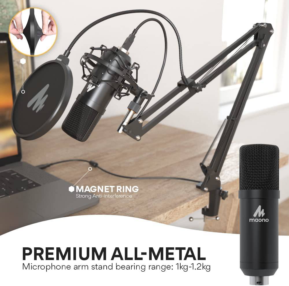 MAONO Micrófono USB, 192KHZ/24Bit Plug & Play PC Computadora Podcast Condensador Cardioide Kit de micrófono de metal con chipset de sonido profesional para grabación, juegos, canto, YouTube (AU-A04)