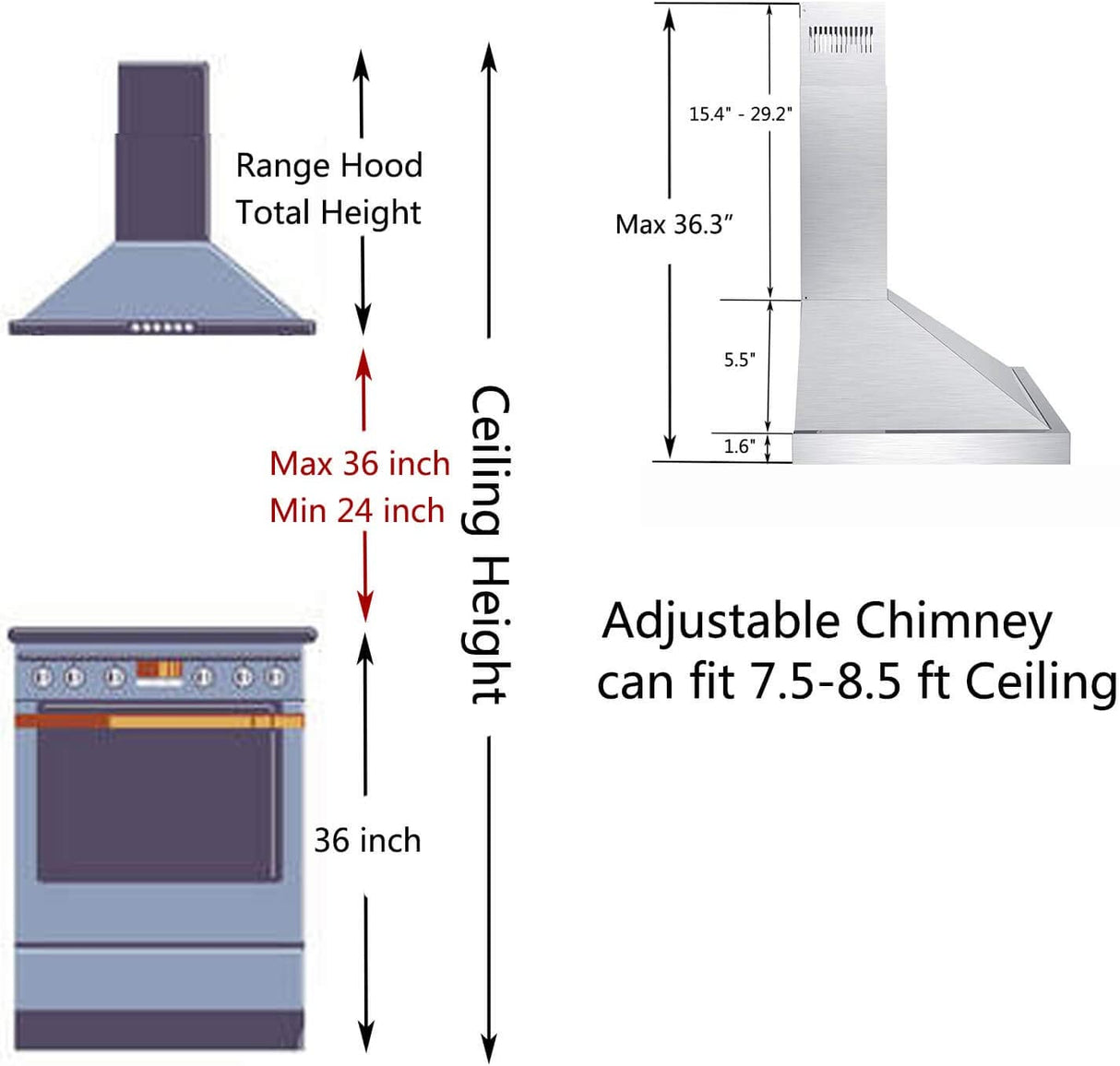 Campana extractora de pared de 30 pulgadas, campana de cocina de 700 CFM  con conducto convertible sin conductos/conductos, control táctil, filtros