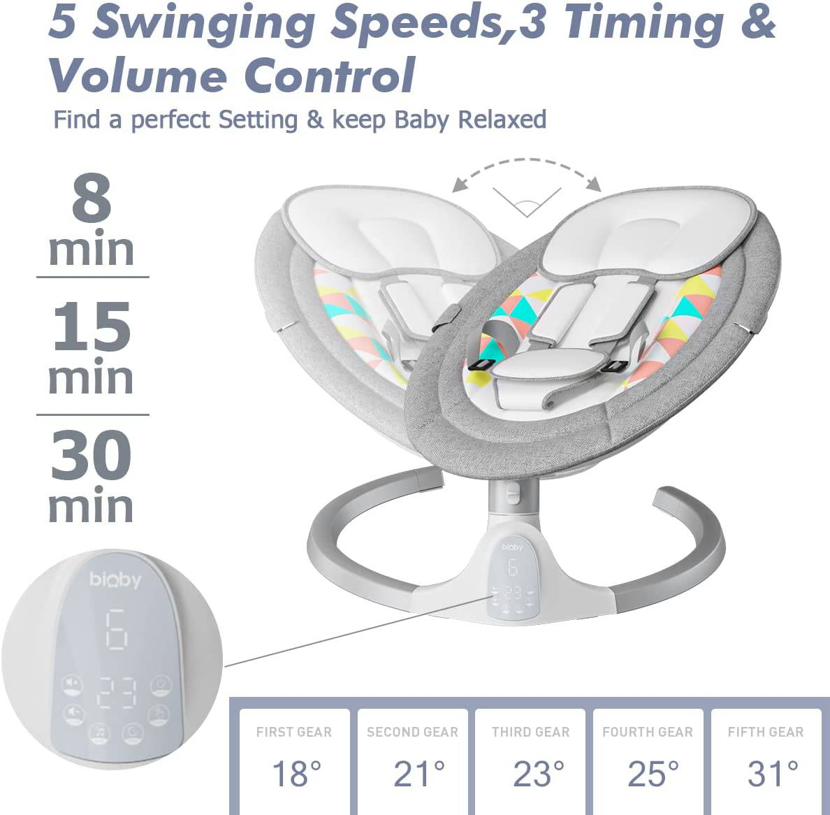 Bioby  - Columpio para bebés, cinturón de seguridad de cinco puntos, pantalla táctil Bluetooth/control remoto para bebé con altavoz de música, portátil motorizado con 5 velocidades de columpio (gris) - DIGVICE MX
