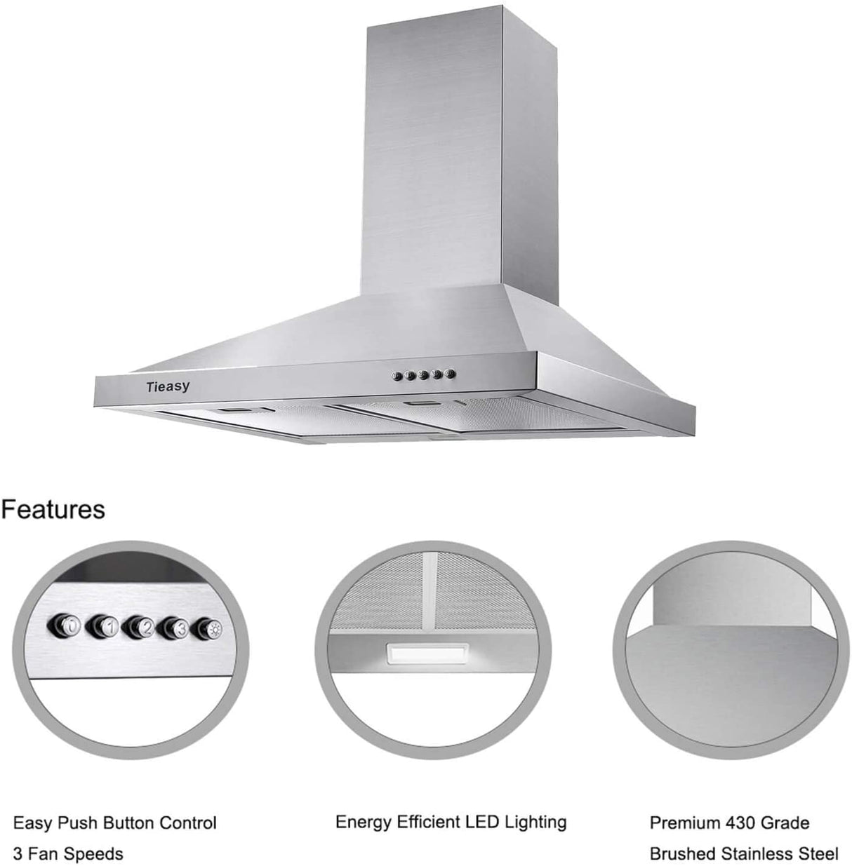 TIEASY - Campana extractora de montaje en pared de 30 pulgadas con conducto convertible con/sin conducto, estilo chimenea de acero inoxidable con luz LED, ventilador de escape de 3 velocidades, 450 CFM - DIGVICE MX