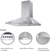 TIEASY - Campana extractora de montaje en pared de 30 pulgadas con conducto convertible con/sin conducto, estilo chimenea de acero inoxidable con luz LED, ventilador de escape de 3 velocidades, 450 CFM - DIGVICE MX