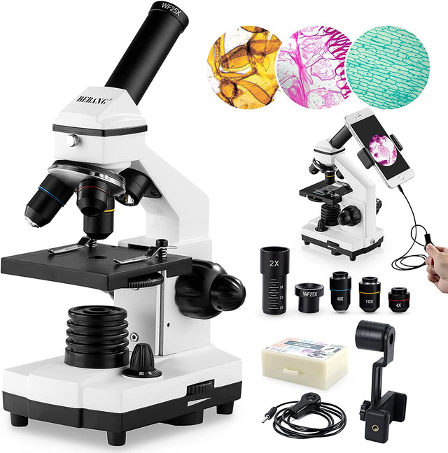BNISE Kit de microscopio para niños y estudiantes, aumento 40X-2000X, kit  de diapositivas preparadas, iluminación LED dual, óptica de vidrio y