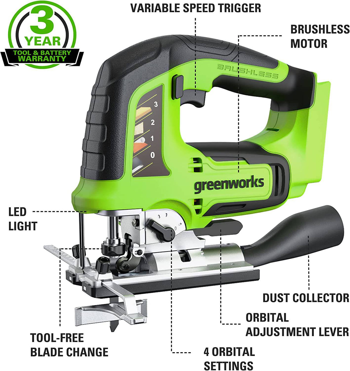 Greenworks 24V Brushless Jig Saw Kit, 4Ah USB (Power Bank) Batería y cargador - DIGVICE MX