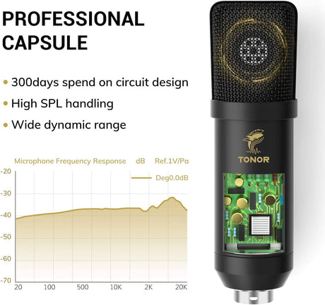 TONOR XLR - Micrófono de condensador, kit de micrófono de estudio cardioide profesional TONOR con brazo de pluma T20, soporte de choque, filtro pop para grabación, podcasting, voz en off, transmisión, Home Studio, YouTube (TC20)