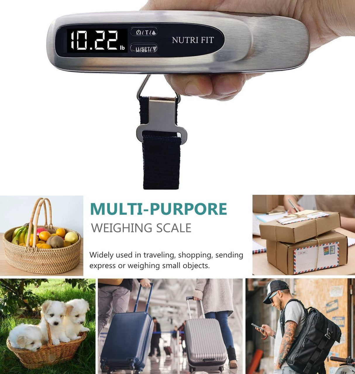 NUTRI FIT Báscula de peso para equipaje Heavy Duty 50 kg / 110 lbs Báscula de mochila de viaje portátil digital de mano con gancho para maletas de equipaje en el aeropuerto, configuración de objetivos y alerta de sobrepeso