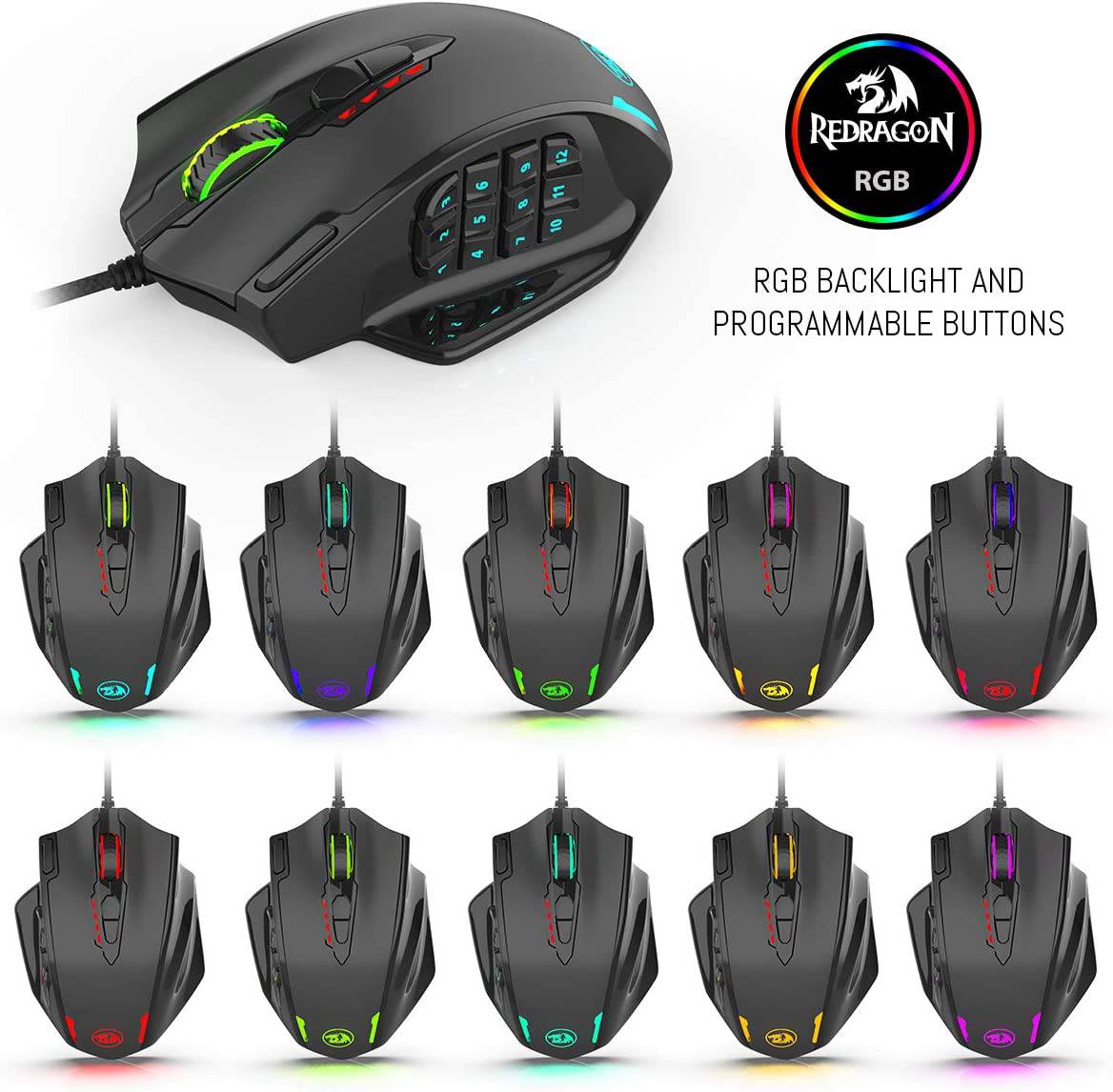 Ratón Redragon M908 Impact RGB LED MMO con botones laterales Ratón óptico para juegos con cable con 12 400 DPI, alta precisión, 20 botones de ratón programables