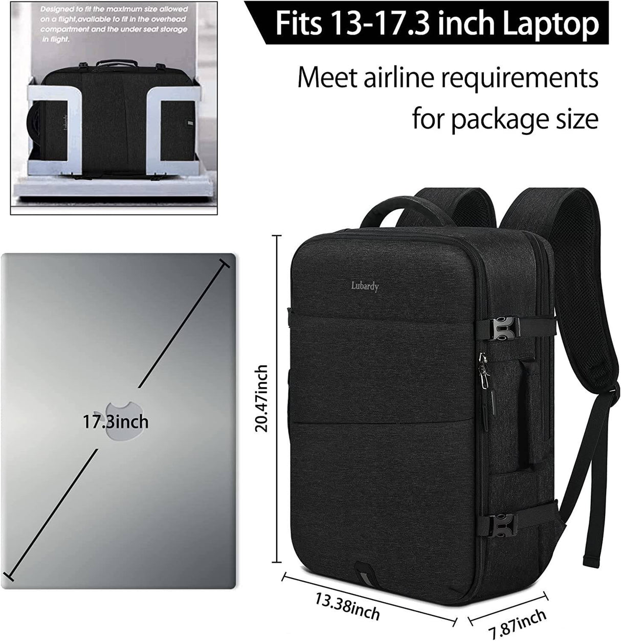 Lubardy - Mochila de viaje para hombres y mujeres Mochila de transporte aprobada para vuelo de 17 pulgadas Impermeable Grande 40L