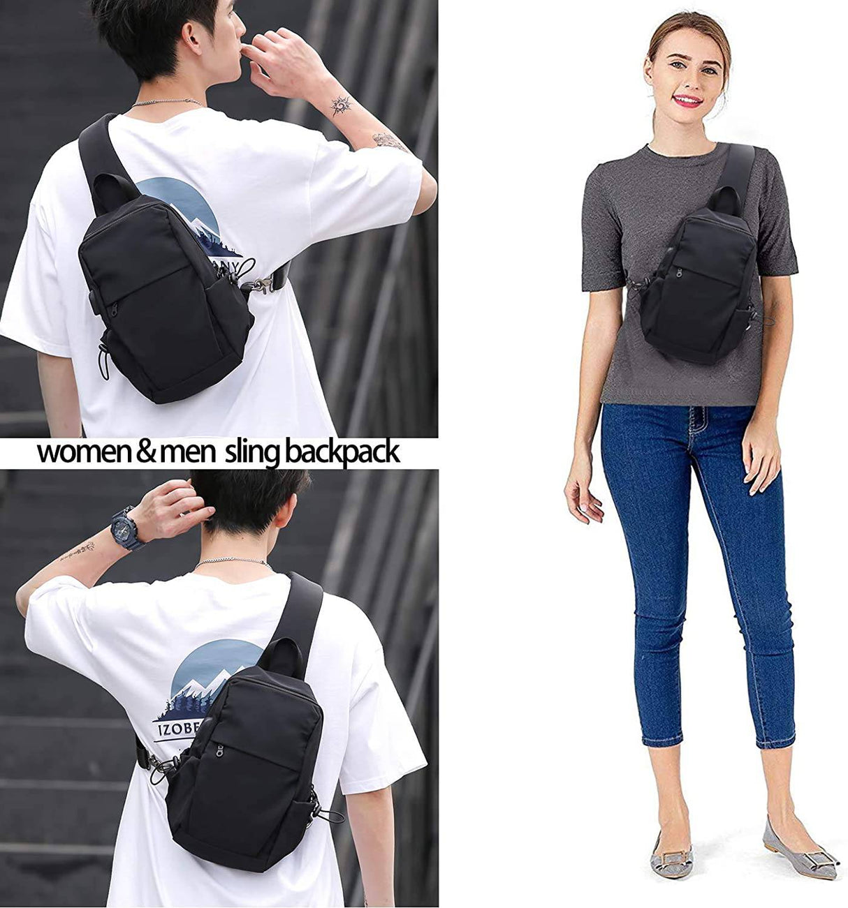 SEAFEW - Mochila pequeña negra con bandolera para hombres y mujeres, mochila ligera con una correa, puerto de carga USB, nailon