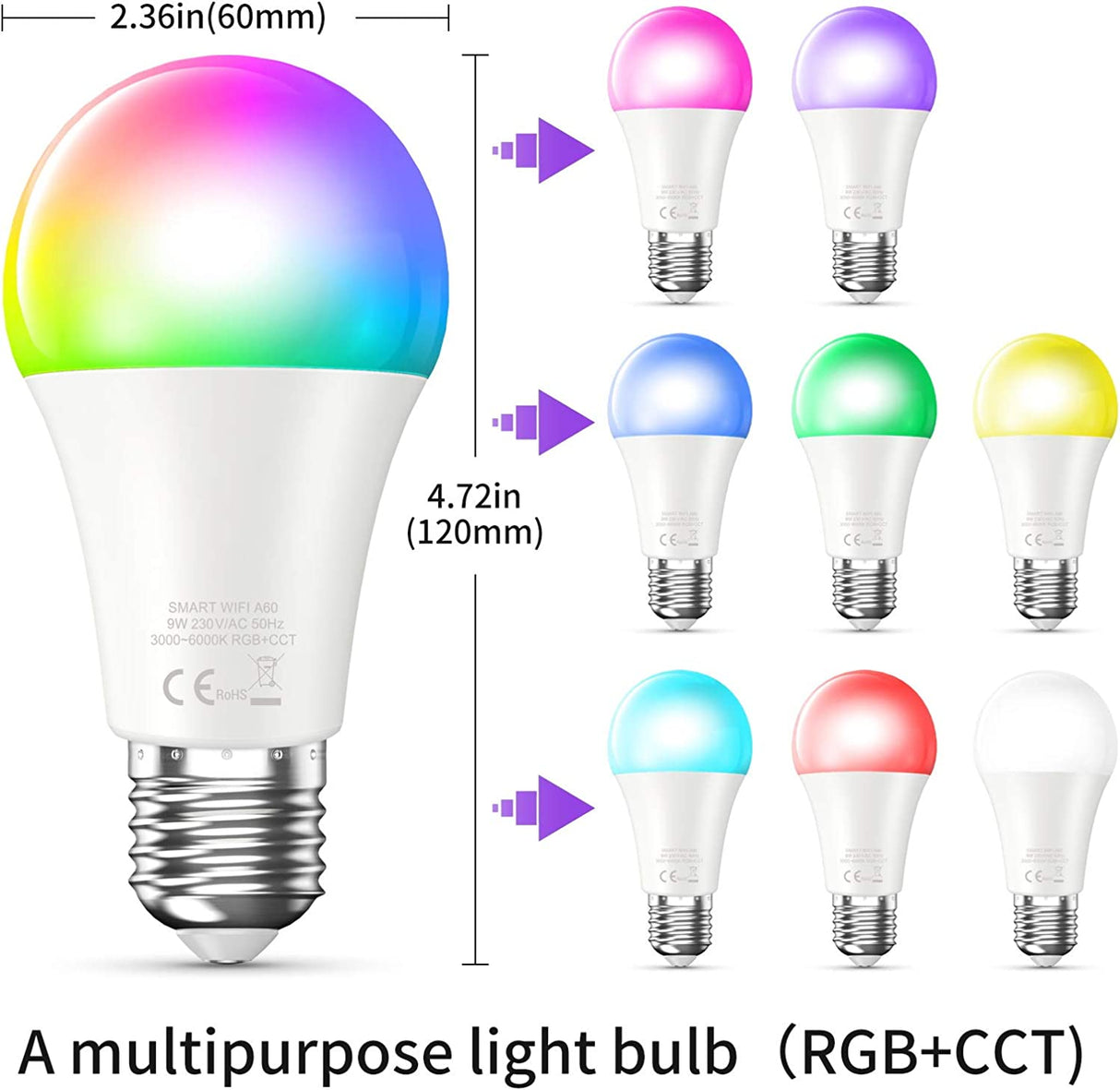 Bewahly Bombillas inteligentes, bombilla Alexa que cambia de color, malla WiFi, bombillas inteligentes que funcionan con Alexa/Google Home, bombilla LED regulable A19 E26 multicolor, alto brillo, 9 W 800 lm, 110 V CA, paquete de 6 - DIGVICE MX
