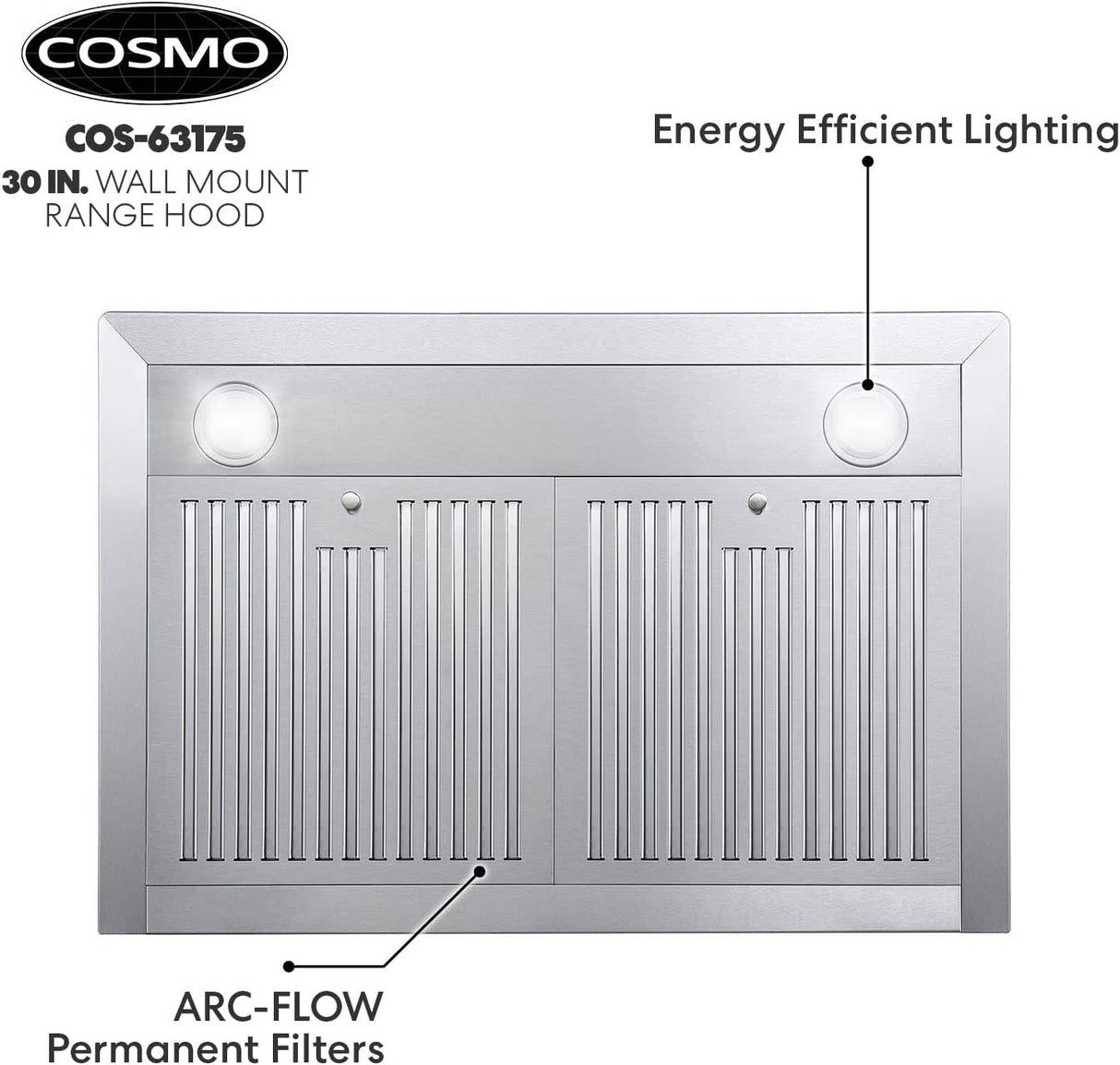 Cosmo 63175 631 Campana extractora de montaje en pared con conducto convertible sin conducto, ventilación sobre estufa estilo chimenea, 380 CFM, ventilador de 3 velocidades, filtros permanentes, luces LED en acero inoxidable, 30 pulgadas - DIGVICE MX