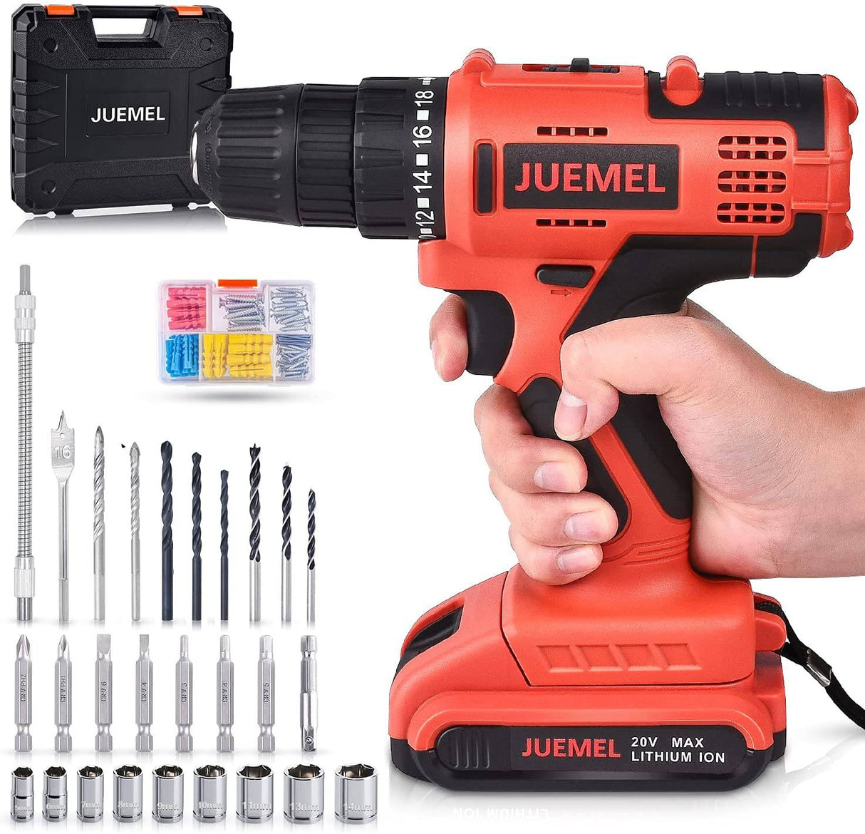 JUEMEL- Taladro inalámbrico de 20 V con 100 accesorios, juego de taladro eléctrico portátil, gatillo variable de 2 velocidades, mandril sin llave de 3/8", embrague 18+1 y batería de iones de litio de 2 Ah - DIGVICE MX