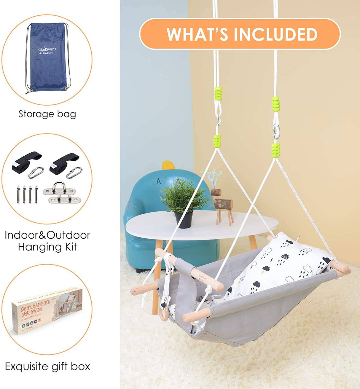 Columpio para bebé y niño pequeño, hamaca de lona para bebé para interiores  y exteriores, con cinturón de seguridad y accesorios de montaje, silla