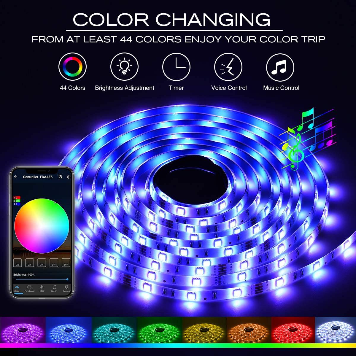 DAYBETTER Tira de luces LED de 16.4 pies y 5 m, cambio de color flexible 5050 RGB 150 LED Kit de tiras de luz que funciona con la aplicación - DIGVICE MX