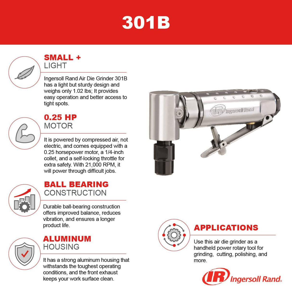 Amoladora neumática Ingersoll Rand 301B: 1/4", ángulo recto, 21 000 RPM, construcción de cojinete de bolas, bloqueo de seguridad, carcasa de aluminio, herramienta eléctrica liviana, negro - DIGVICE MX