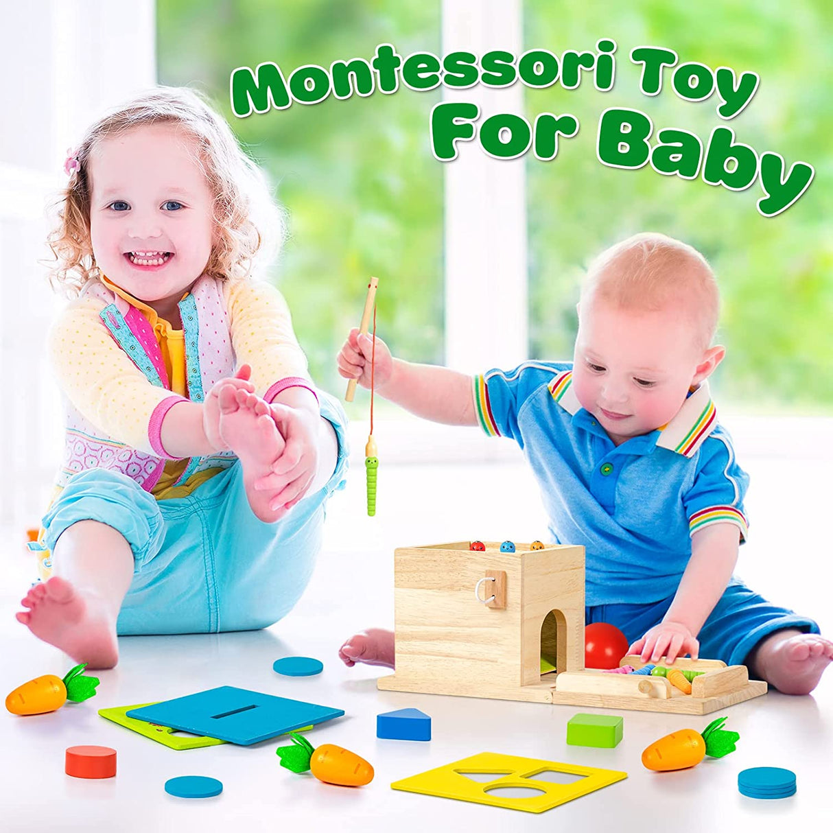 LACCHOUFEE - Kit de juego de madera 5 en 1 Juguete Montessori - Caja de permanencia de objetos, Caja de monedas, Cosecha de zanahorias, Captura de gusanos, Clasificador de formas - B0B1MMTKTK