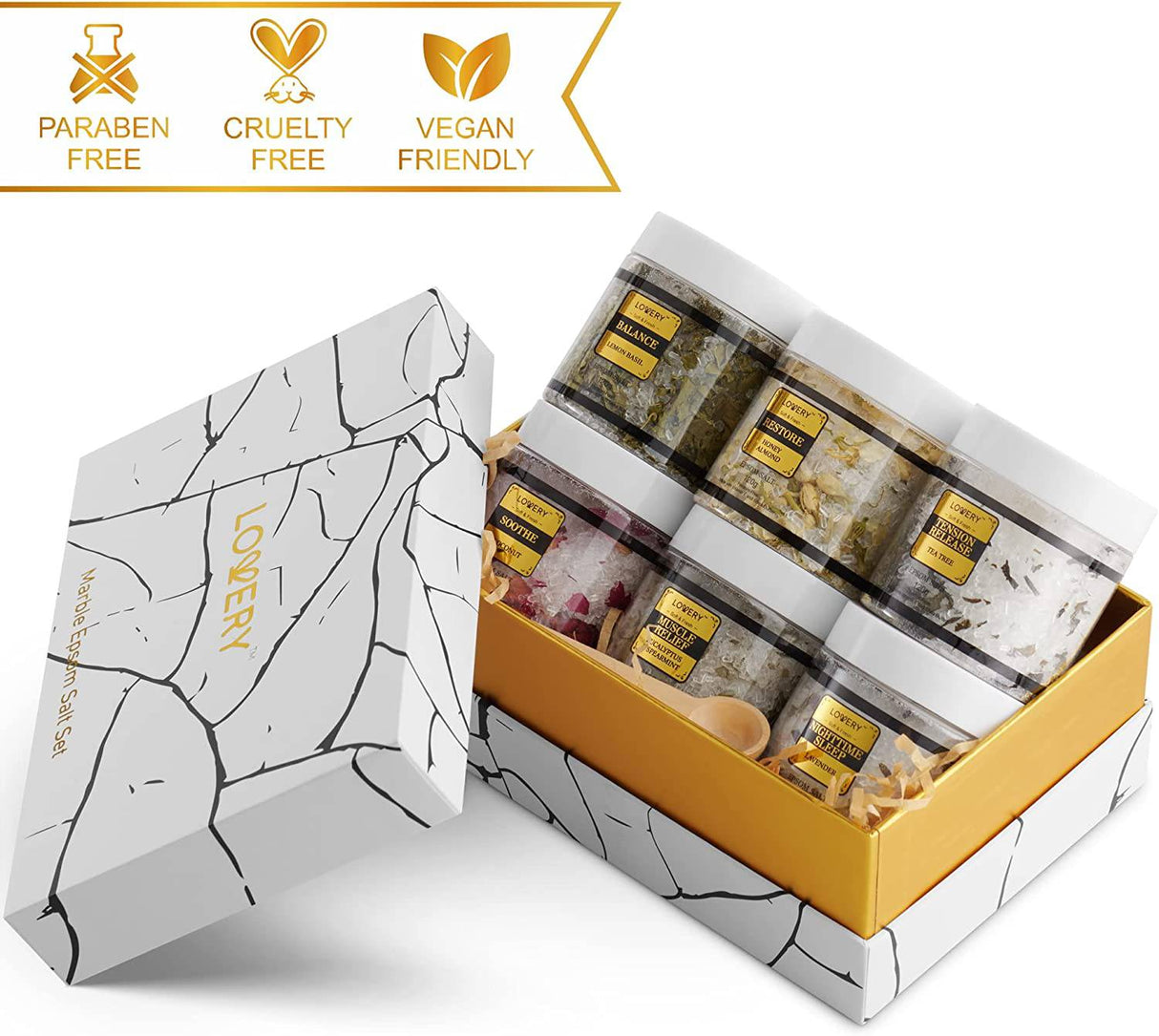 Lovery - Juego de regalo de sales de baño de Epsom, sal de spa relajante con aceites esenciales, baños de burbujas, lavanda, menta verde de eucalipto, albahaca de limón, coco, árbol de té, sal de Epsom de miel y almendras