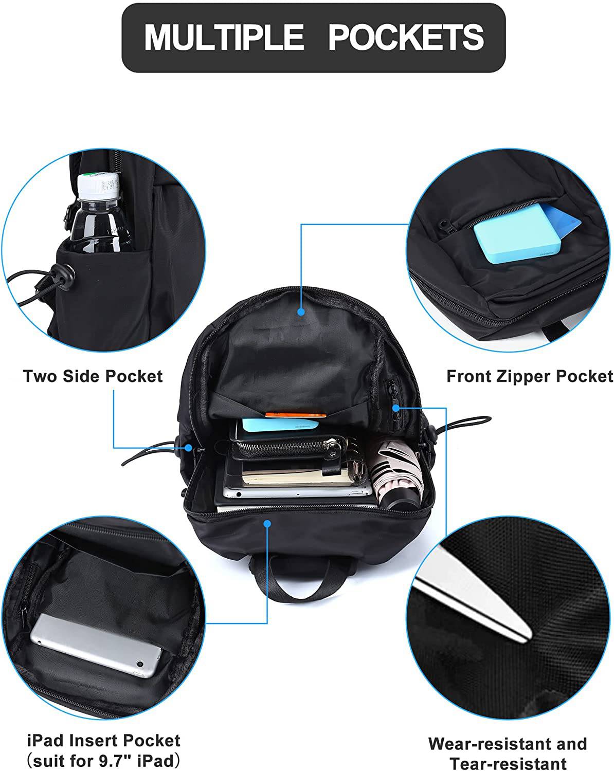 SEAFEW - Mochila pequeña negra con bandolera para hombres y mujeres, mochila ligera con una correa, puerto de carga USB, nailon