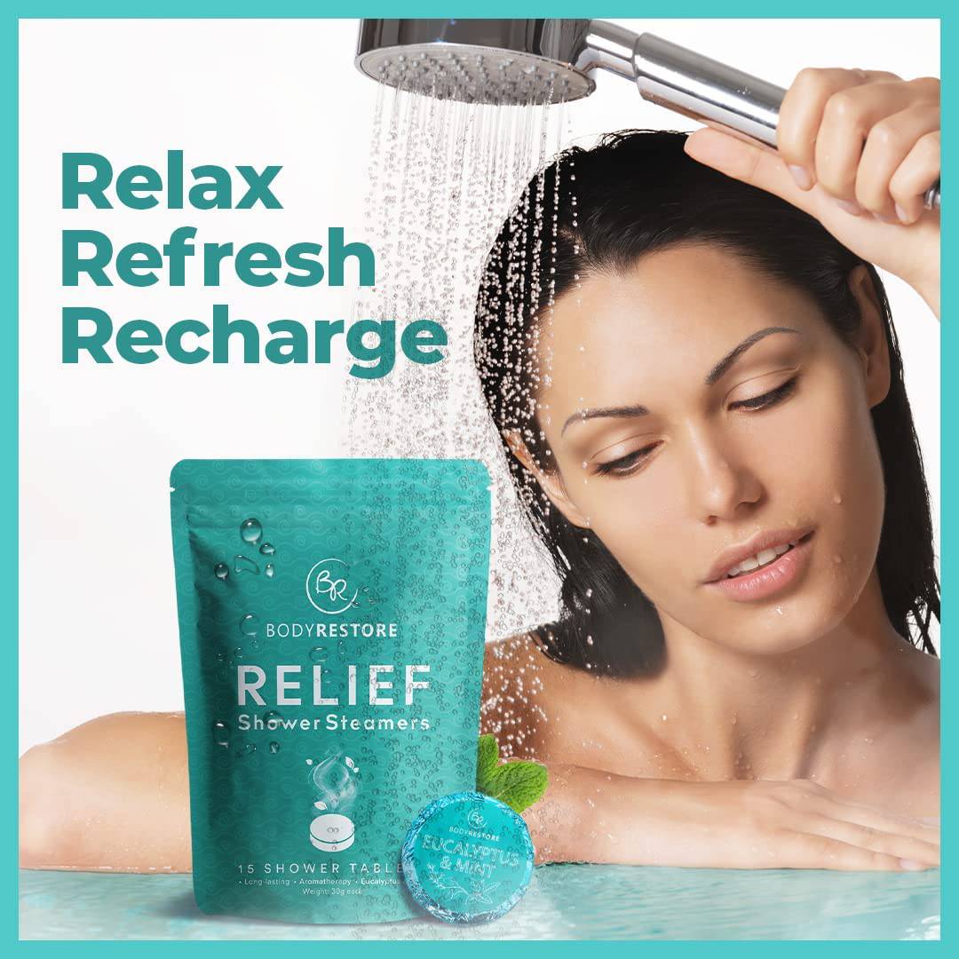 BodyRestore Shower Steamers Aromaterapia - Paquete de 15 bombas de ducha para mujeres, tabletas de ducha de eucalipto para la congestión nasal, alivio del estrés de aceite esencial