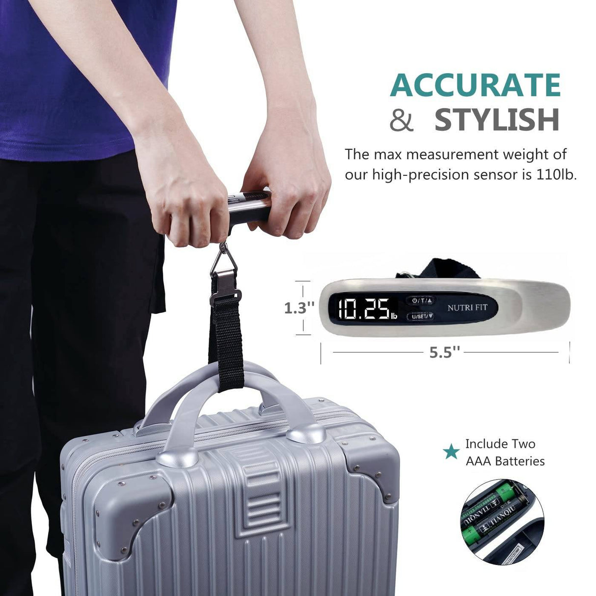 NUTRI FIT Báscula de peso para equipaje Heavy Duty 50 kg / 110 lbs Báscula de mochila de viaje portátil digital de mano con gancho para maletas de equipaje en el aeropuerto, configuración de objetivos y alerta de sobrepeso