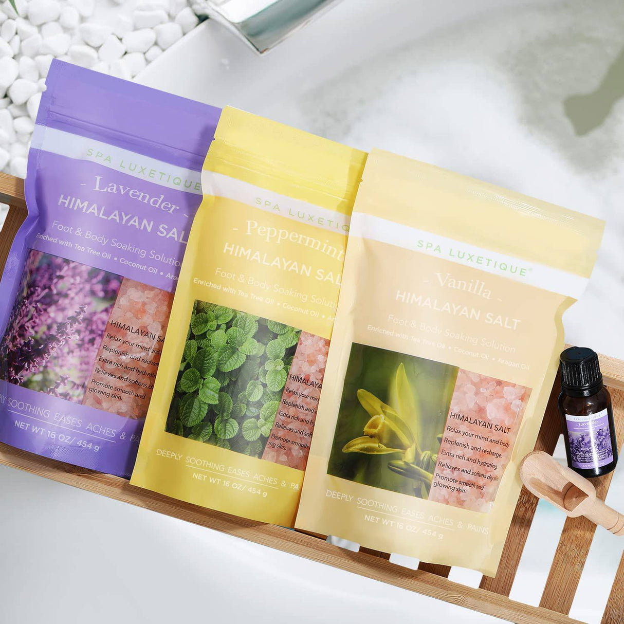 Spa Luxetique - Sales de baño, sales de Epsom con sal de baño del Himalaya para mujeres Aceite esencial de lavanda extra relajante con cuchara, juego de baño de 3 paquetes