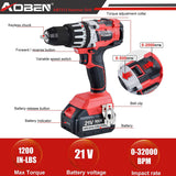 AOBEN Taladro percutor inalámbrico de 21 V, par alto, 1200 in-lb, taladro percutor eléctrico de 1/2 pulgada sin escobillas, con batería de iones de litio de 4.0 Ah y cargador, mango auxiliar, velocidad variable - DIGVICE MX