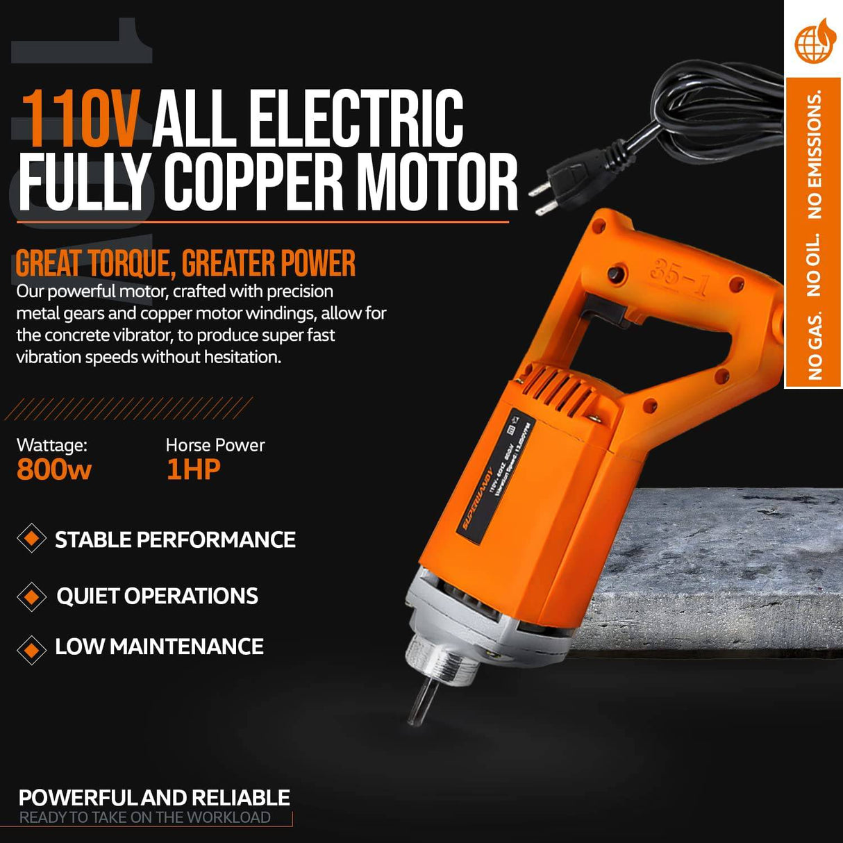 SuperHandy Herramienta eléctrica vibratoria para concreto, 13k VPM, eje de inmersión de manguera flexible de 4.9 pies, vibrador de cemento, portátil con cable eléctrico, motor 110VAC 1HP - Elimina burbujas de aire, nivela y mezcla concreto - DIGVICE MX