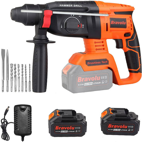 Taladro percutor inalámbrico, Bravolu Brushless 21V 1 pulgada SDS Plus Taladro percutor con 2 baterías de 4.0Ah y cargador rápido, 4 modos y velocidad variable, mango ajustable - DIGVICE MX