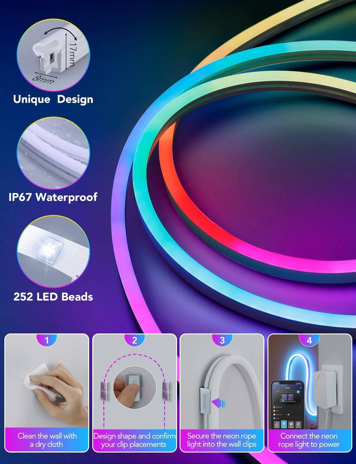 Govee Neon Rope Light, RGBIC Rope Lights con sincronización de música, diseño de bricolaje, funciona con Alexa, Google Assistant, 10 pies (no compatible con 5G WiFi) - DIGVICE MX