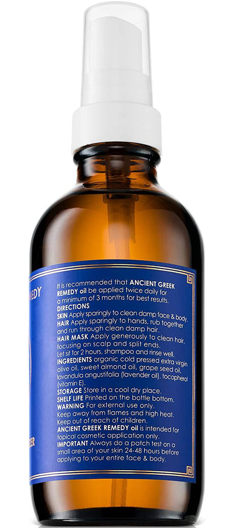 Ancient Greek Remedy - Mezcla orgánica de aceites de oliva, lavanda, almendra y semilla de uva con vitamina E. Hidratante de día y de noche para el cuidado de la piel, cabello seco, rostro, cuero cabelludo, pies, cutículas y uñas.