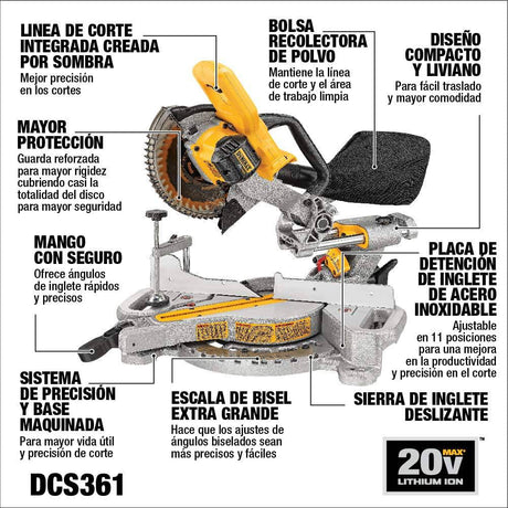 Sierra ingletadora DEWALT 20V MAX 7-1/4 pulgadas, solo herramienta, inalámbrica (DCS361B) - DIGVICE MX