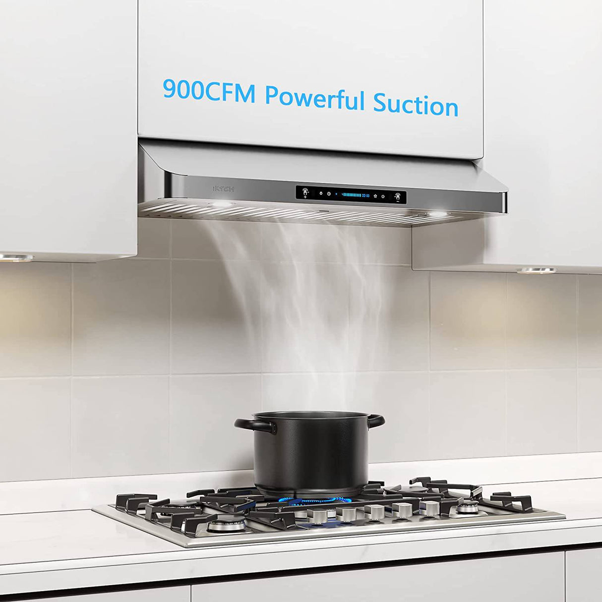 IKTCH Campana extractora para debajo del gabinete de 30 pulgadas con 900-CFM, sensor de gestos de 4 velocidades y panel de control táctil, ventilación de cocina de acero inoxidable con 2 filtros deflectores (IKC01-30) - DIGVICE MX