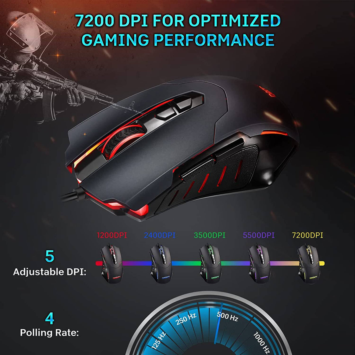 Dacoity - Ratón para juegos con cable, ratón para juegos de PC Gamer Mouse RGB LED 7200 DPI 7 botones programables Plug Play  - Negro